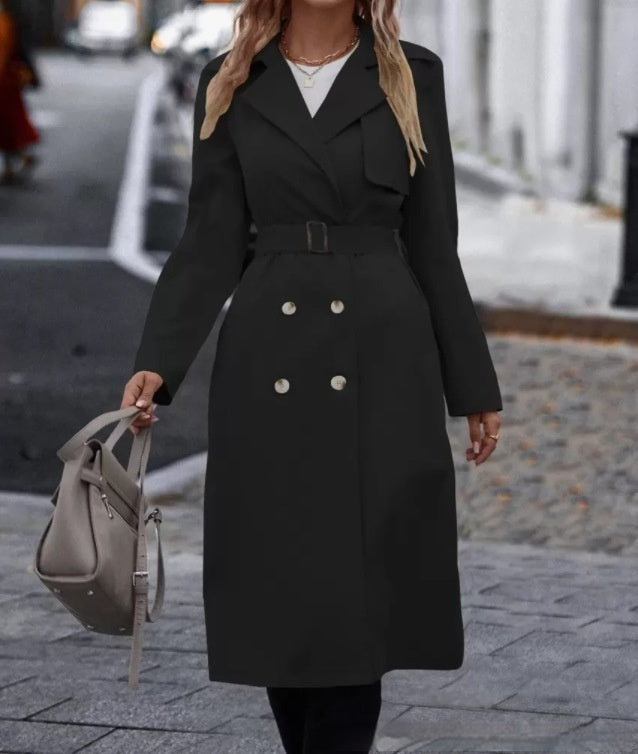 Lapel Double-breasted Trench Coat With Belt Winter Fashion Solid Color Long Jacket Outwear Women Clothing